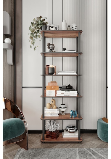 Dekoratif Masivo Kitaplık 6 Katlı 30x60 Dikdörtgen Çok Amaçlı Raf Madran Ceviz Ceviz