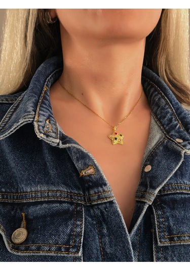 Eva Takı Store Yıldız Model Renkli Zirkon Taşlı Gold Renk Kolye Gold