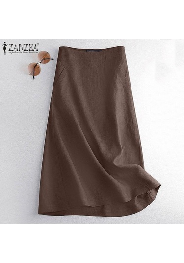 Zanzea Bayan Yaz Casual Yan Fermuarlı Pamuk Keten Etekler Kahverengi