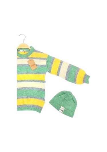 Kız Çocuk Çizgili Bere Takımlı Kazak-13572 Yeşil