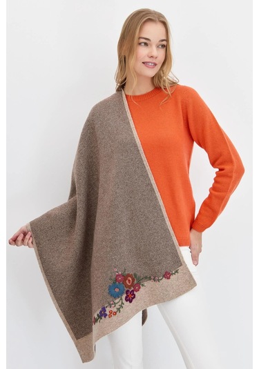 Desen Triko Kadın Çiçek İşlemeli Triko Şal 23154 K. Bej K. Bej Koyu Bej