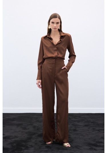 Sateen Jakarlı Pantolon - Kahve-136609 Kahve