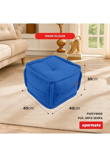 Xpermate Puffymod Dekoratif Kare Puf Orta Sehpa 40x40 Cm Mavi