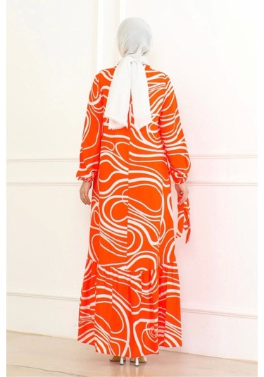 Çizgi Desenli Viskon Elbise - Turuncu Turuncu
