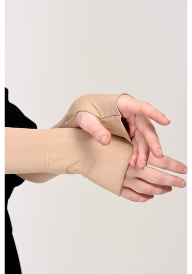 Parmak Geçmeli 45cm Likralı Penye Kolluk 1 Çift Bej