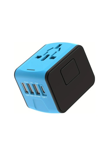Fochsia Mavi Global Seyahat Adaptörü Tip C 3 Usb Port Ve Ac Prizli Evrensel Seyahat Şarj Aleti Siyah