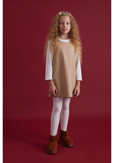 Luess Kız Çocuk Deri Düğme Detaylı Elbise-bej Bej