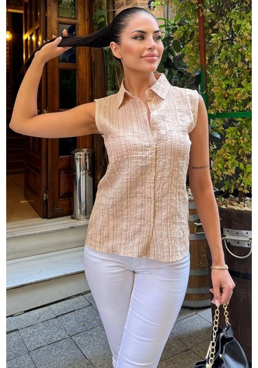 Kadın Bej Çizgili Desen, Dokulu Bodrum Kumaş, Kolsuz Rahat Gömlek Bej