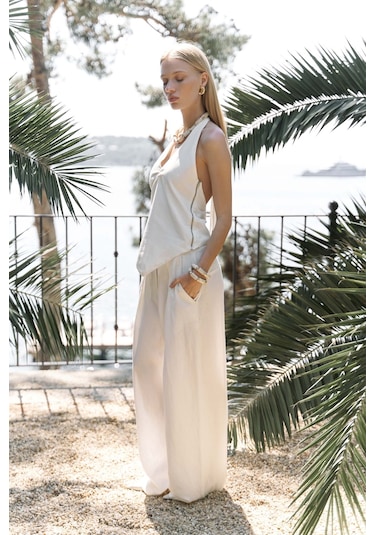 Mai Collection Mai Studios Co. Alidah Pileli Ekru Bol Paça Pantolon Ekru
