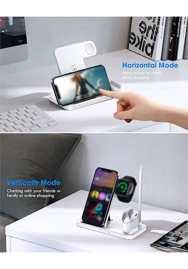 Mufunye Beyaz Avrupa Standartlı Qı Onaylı Dörtlü Kablosuz Şarj Aleti - iPhone Uyumlu, Uyumlu,, Saat, Kulaklık Ve Kalem İçin