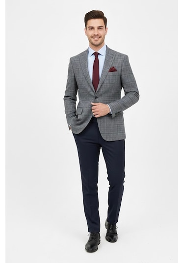 Presto Erkek 6 Drop Slimfit Kareli Ceket Gri 1635-070 Gri