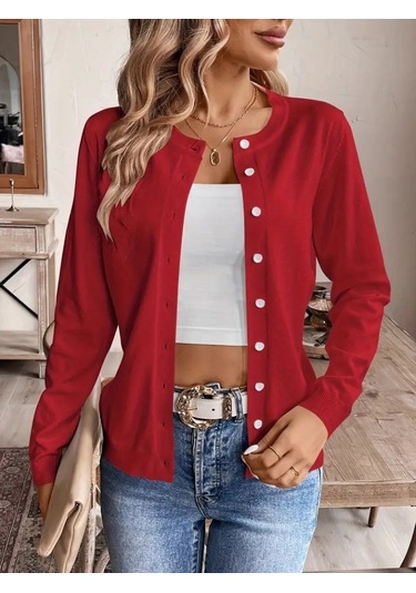 Kadın Uzun Kollu Önden Düğmeli Triko Ceket Kırmızı