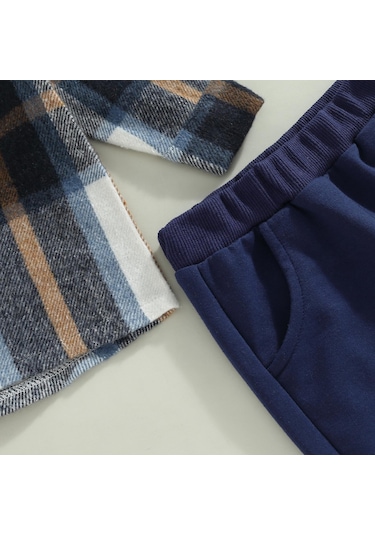 Lacivert Yürüyor Erkek Bebek Giysileri Uzun Kollu Ekose Hoodie Kazak + Eşofman Küçük Çocuk Sonbahar Kış Kıyafetler Set Tops Lacivert