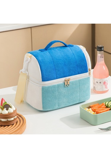 Flanel Tost Çantası Çift Katmanlı İzolasyon Öğle Yemeği Saklama Çantası Omuz Çantası Kraliyet Mavisi MAvi