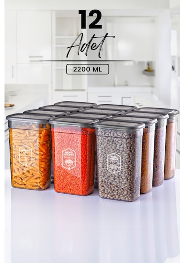 Kitchen Life 12'lı Şeffaf Antrasit Dikdörtgen Saklama Kabı Seti 2200ml - Çoklu Set Yapılabilen Set Erzak Gri