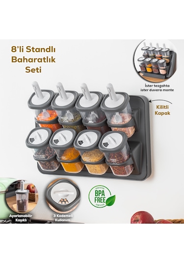 Porsima 1117 Standlı Kaşıklı 360° Döner Kapaklı Baharatlık Seti Antrasit - Gri