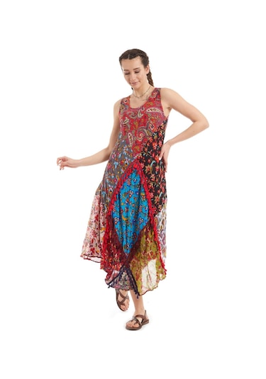 Kırmızı Patchwork Vual Yazlık Elbise