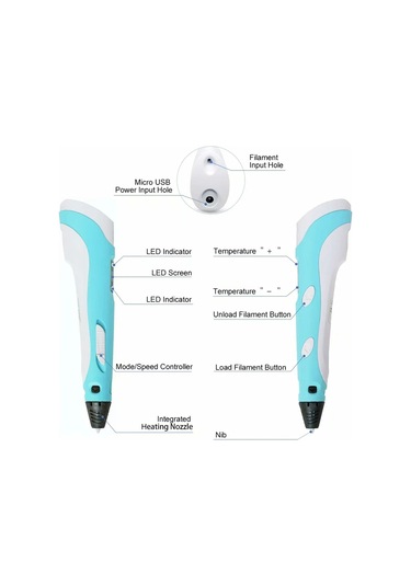 Ximistore9 Çocuklar İçin 3d Baskı Kalemi - Led Ekranlı, Sıcaklık Ayarlı, 3 Adet Pla Filament İle Usb Mavi