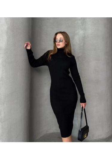 Kadın Boğazlı Uzun Fitilli Triko Dokuma Elbise - Siyah Siyah