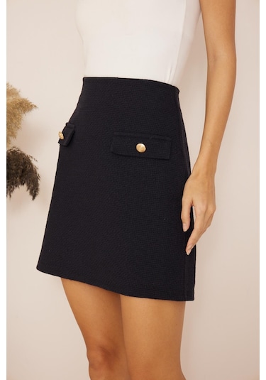 Darlin Moda Lacivert Düğme Detaylı Tweed Mini Etek Dm2033 Lacivert