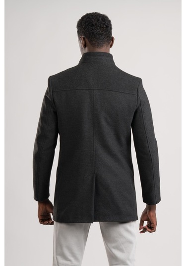 Slimfit Hakim Yaka Düğme Kapamalı Yan Cepli Astarlı Tek Yırtmaçlı Yünlü Kaşe Kaban Antrasit