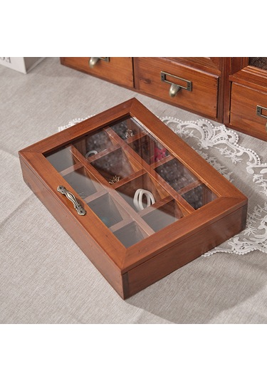 Gajeena Taşınabilir 12 Bölmeli Ahşap Takı Kutusu, Şeffaf Kapaklı Mücevher Organizatörü Kahverengi