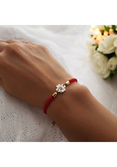 Çiçek Figürlü Örgü İpli 14 Ayar Altın Plakalı Serbest Sembollü Hediye Bileklik-324sembol-kırmızı Altın