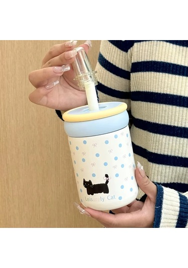 Sızdırmaz 500ml Yalıtımlı Su Bardağı Karikatür Siyah Kedi Termos Mat Siyah