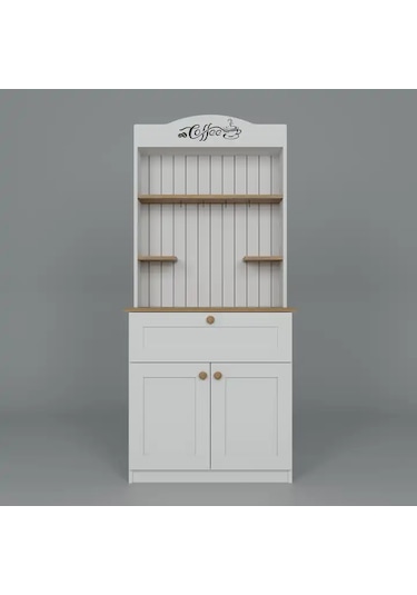 Lucas 2 Kapaklı Çekmeceli Kahve Köşesi Ve Çok Amaçlı Mutfak Dolabı - Açık Ceviz & Beyaz Açık Ceviz & Beyaz