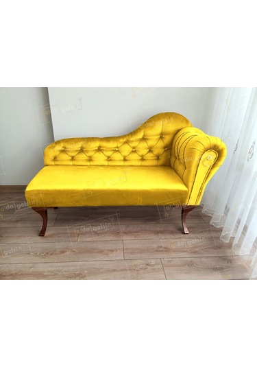 Ters Kol Dekoratif Bihter Koltuk Josefin Puf 130 Cm Ceviz Ayak Sarı