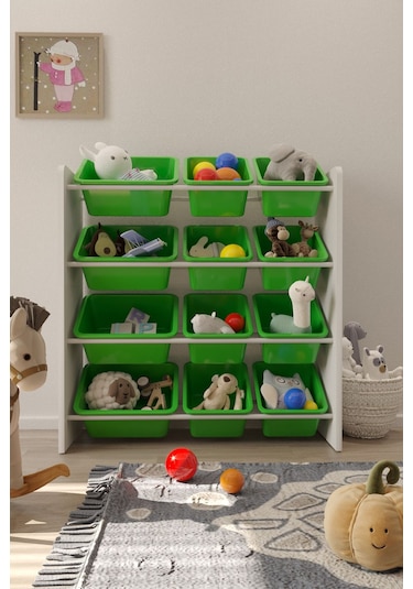 12 Sepetli Çok Amaçlı Oyuncak Dolabı Montessori Dolap Yeşil