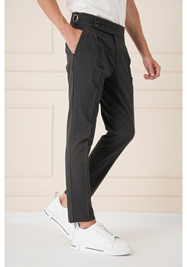 Yandan Tokalı Çift Pileli Esnek Pamuk Siyah Pantolon P 1160 Siyah