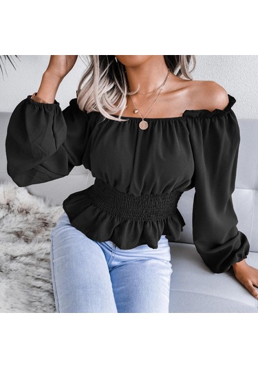 İlkbahar Ve Sonbahar Kadın Bluz Uzun Kollu Seksi Tek Boyun Straplez Hem Fırfır Şifon Bluz Tops Siyah