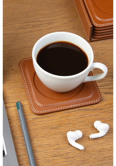 Bardak Altlığı,6 Lı Set,masaüstü Yuvarlak Cup Coaster,vegan Suni Deri,11x11 Cm.,taba Taba