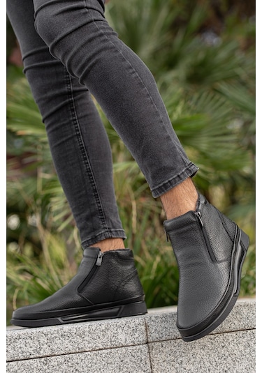 Garantili D472 Su Ve Soğuk Geçirmez Kürklü Ortopedik Hakiki Deri Erkek Bot Siyah