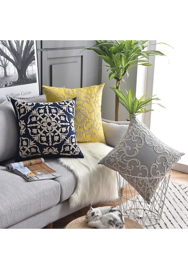 Sones Pamuklu Kordon Nakışlı Yastık Minder Kılıfı Çekirdeksiz, Boyut: 50x50cm Gri