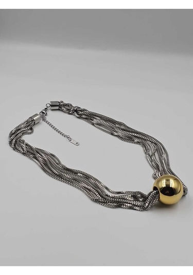 Çoklu Zincir Gümüş Altın Top Çelik Kolye Gümüş