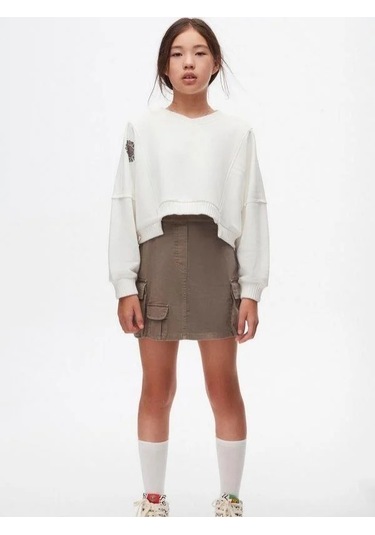 Kız Çocuk Pamuklu Bel Lastikli Kargo Cepli Antik Etek-14744 Haki