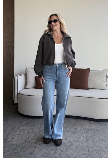 Koyu Kahverengi Crop Bomber Ceket Koyu Kahverengi