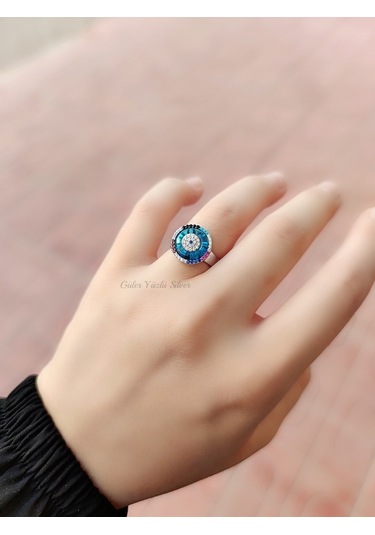 Güler Yüzlü Silver Ayarlanabi̇li̇r Renkli̇ Taş Cam Göz Gümüş Yüzük