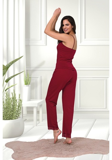 Bordo Renkli Pamuklu Likralı Askılı Dantel Detaylı Pijama Takımı 28450 Bordo