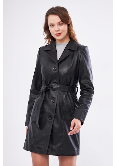 Derinss Dka2373 Hakiki Deri Kadın Siyah Pardesü 001