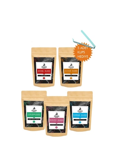 Addis Ababa Coffee Kavrulmuş Çekirdek Etiyopya Kahveleri 5 x 100 G + Klips 5'li