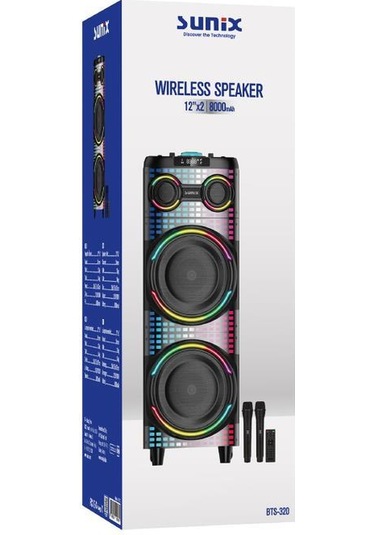 Sunix 100w 8000 Mah Çift Mikrofonlu Kumandalı 107cm Bluetooth Hoparlör Bts-320
