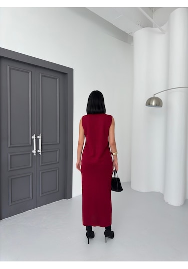 Kadın Düğme Detaylı Yelek Uzun Etek Alt Üst Triko Takım Bordo