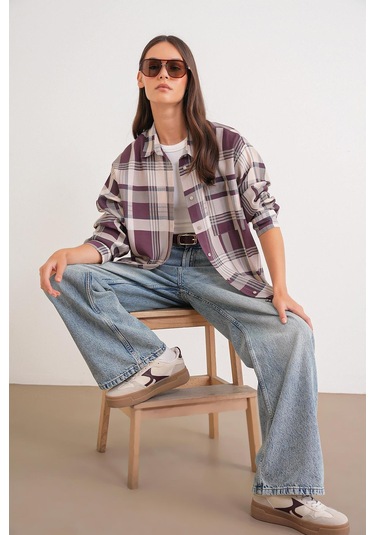 4752 Kadın Oversize Ekose Gömlek Bordo Bordo