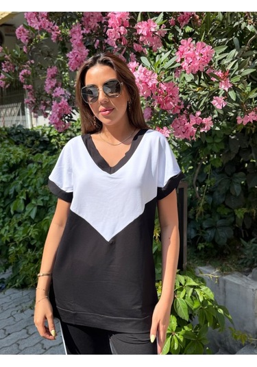 Munn Collection Kadın Kısa Kollu V Yaka Siyah Beyaz Renkli Viskon Iki Iplik Kumaş Eşofman Takımı Siyah