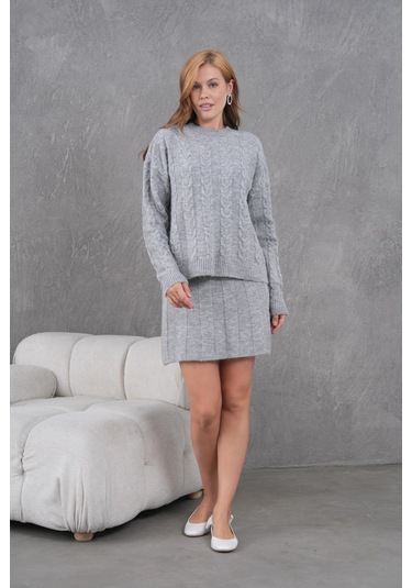 Kadın Bisiklet Yaka Saç Örgü Kazak Etek İkili Triko Takım Gri