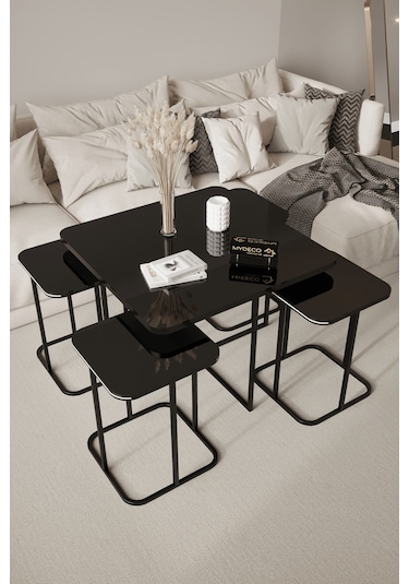 4+1 Siyah Kaplama Siyah Ayna Radüslü Orta Sehpa