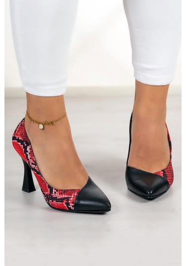 Jatqılı Plus Kırmızı Yılan Kadeh Topuklu Ayakkabı Siyah - Kırmızı